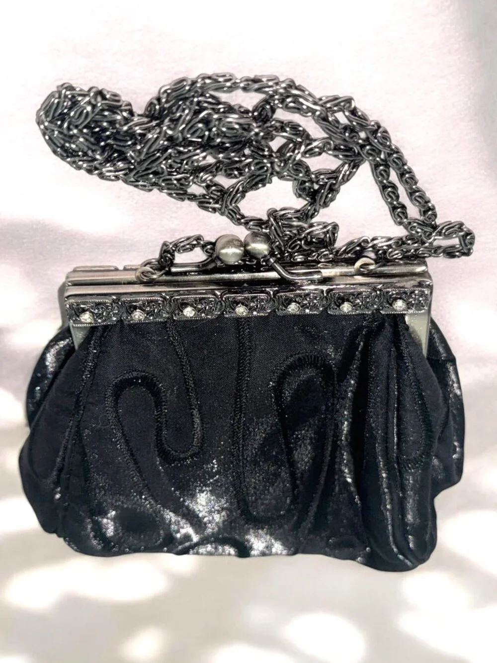 Vintage Black Satin Evening Bag With Rhinestone Clasp & Chain Strap